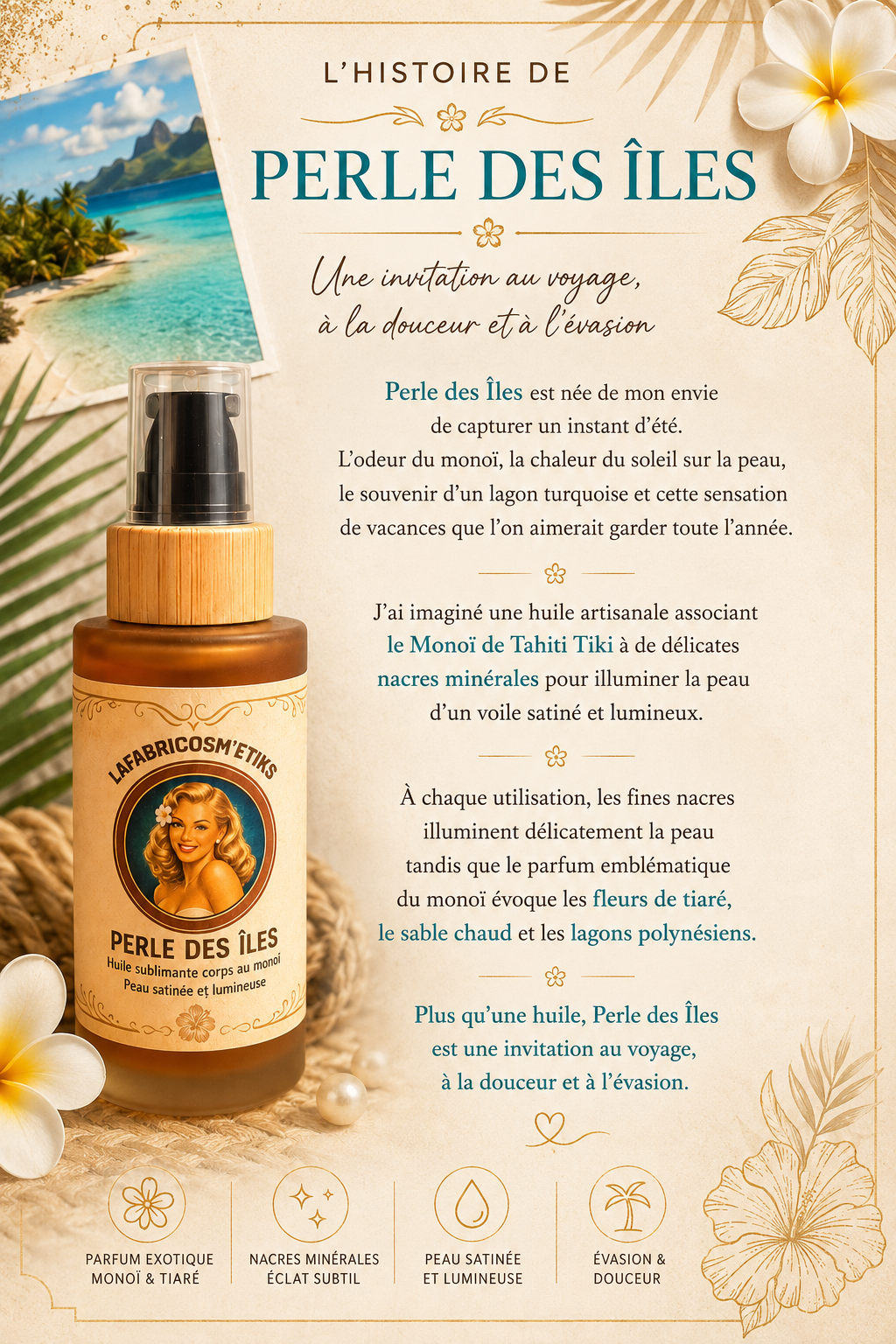 Perle des Îles - Huile sublimante corps au Monoï Tiki Tiaré par LaFabricosm'etiks