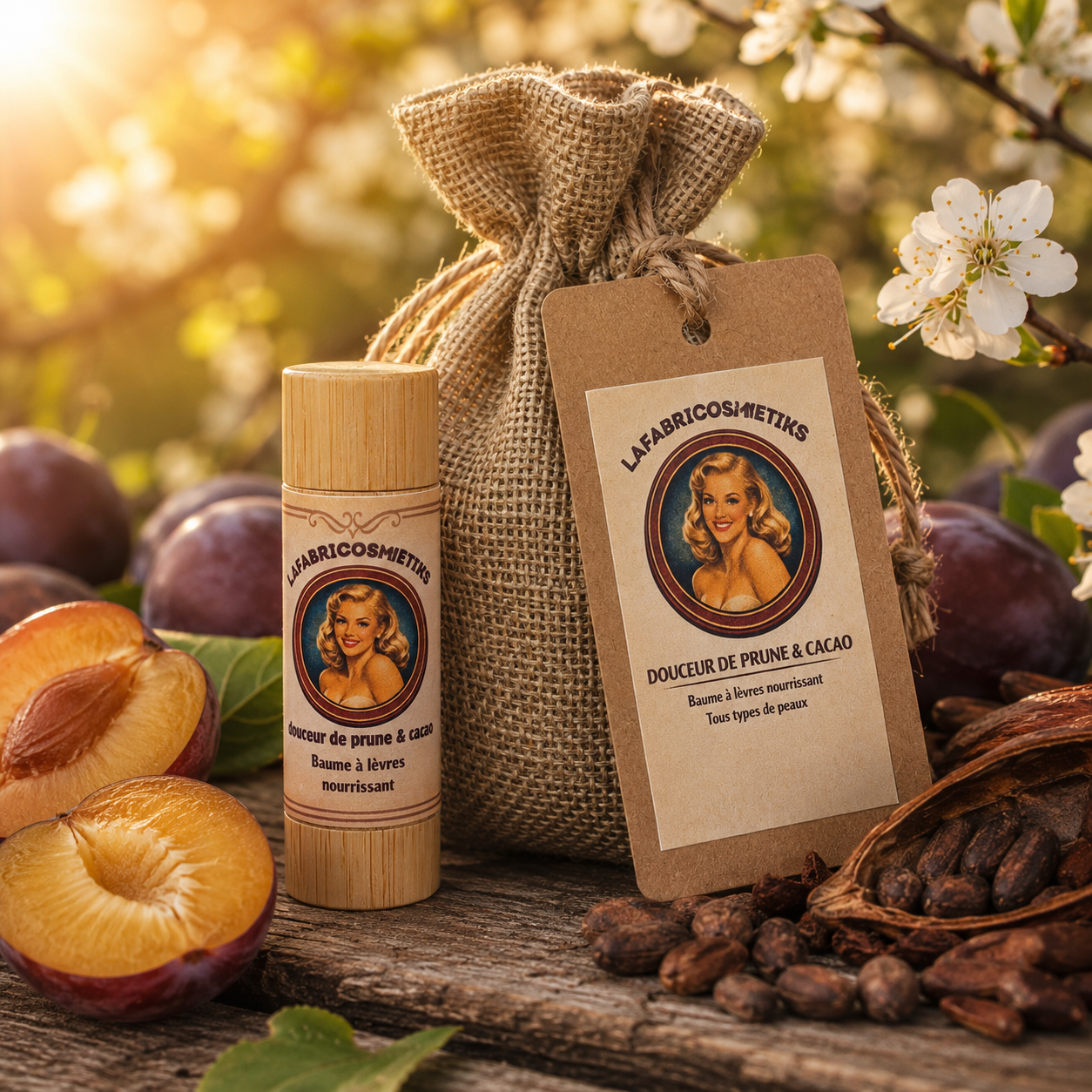 Baume à lèvres naturel à la prune Douceur de Prune & Cacao présenté avec son pochon cadeau LAFABRICOSME'TIKS.