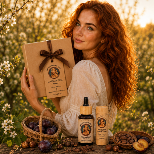 Coffret Rituel Beauté Sérum Précieux LAFABRICOSM'ETIKS comprenant un sérum visage naturel à l'huile de prune et un baume à lèvres naturel à la prune.