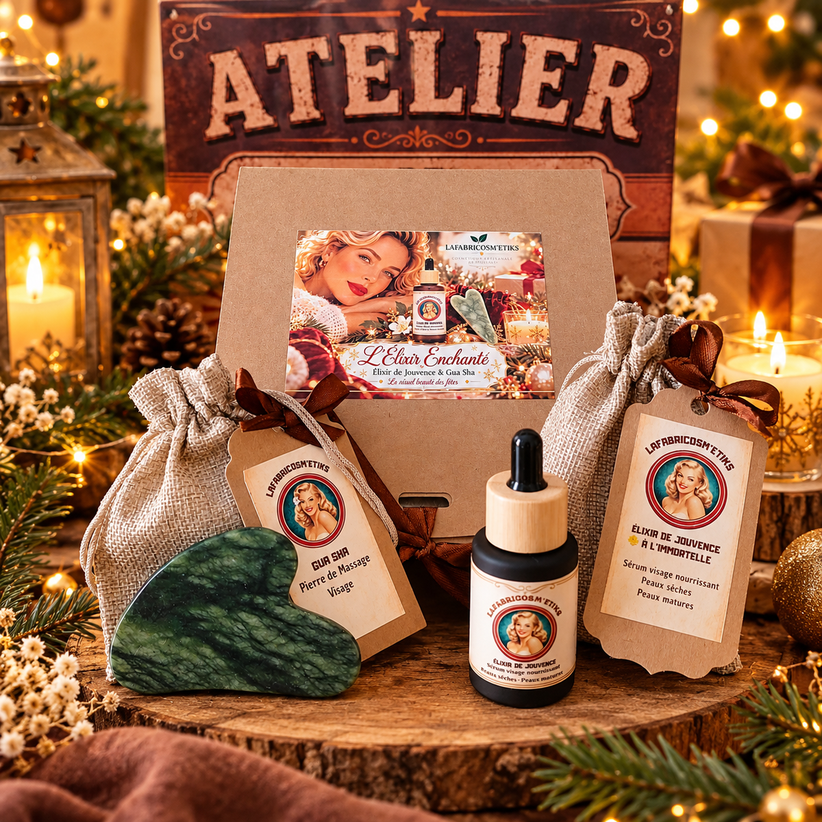 Coffret L'Élixir Enchanté avec sérum visage à l'immortelle et Gua Sha en pierre verte, dans une ambiance de Noël chaleureuse