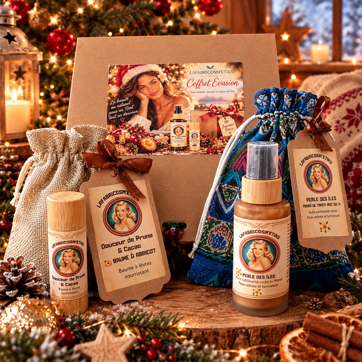 Coffret cadeau Évasion LaFabricosm’etiks avec soins naturels pour le corps et les lèvres, dans une ambiance de Noël chaleureuse.