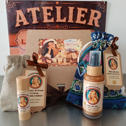 Coffret Évasion LaFabricosm’etiks avec huile sublimante corps Perle des Îles au monoï et baume à lèvres Douceur de Prune et Cacao.