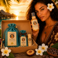Coffret Évasion LAFABRICOSM'ETIKS composé de Perle des Îles, huile corps scintillante au Monoï de Tahiti AOC, et du baume à lèvres Douceur de Prune & Cacao, fabriqués artisanalement en Provence.