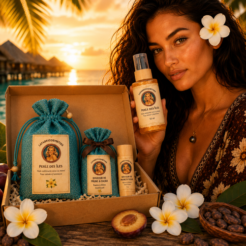 Coffret Évasion LAFABRICOSM'ETIKS composé de Perle des Îles, huile corps scintillante au Monoï de Tahiti AOC, et du baume à lèvres Douceur de Prune & Cacao, fabriqués artisanalement en Provence.