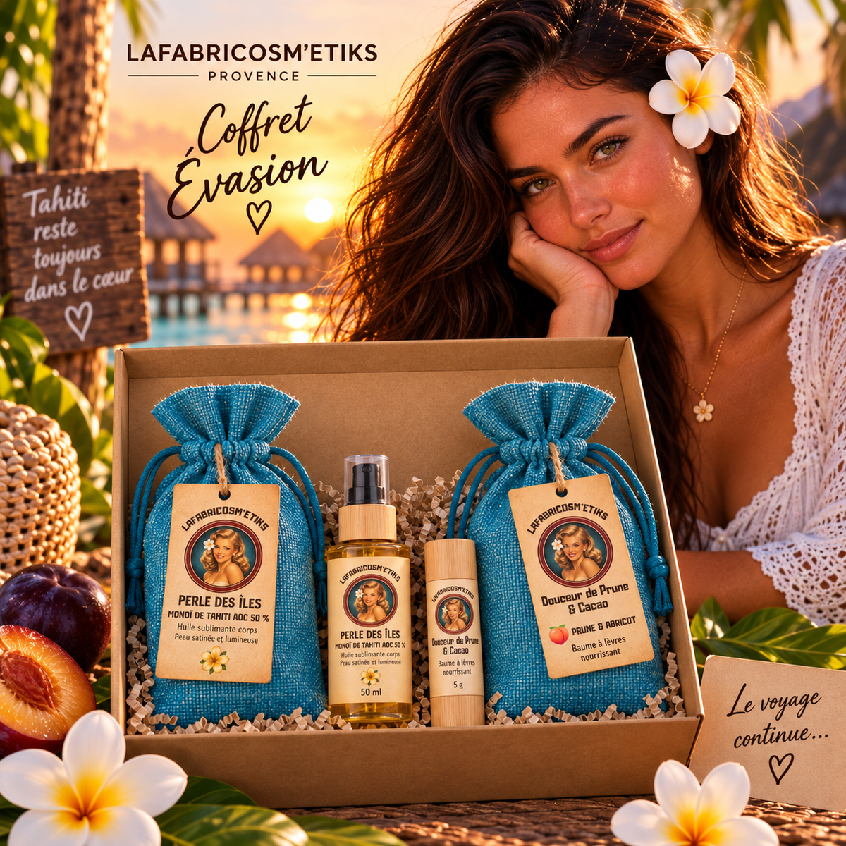 Coffret Évasion LAFABRICOSM'ETIKS avec huile corps Perle des Îles et baume à lèvres Douceur de Prune & Cacao