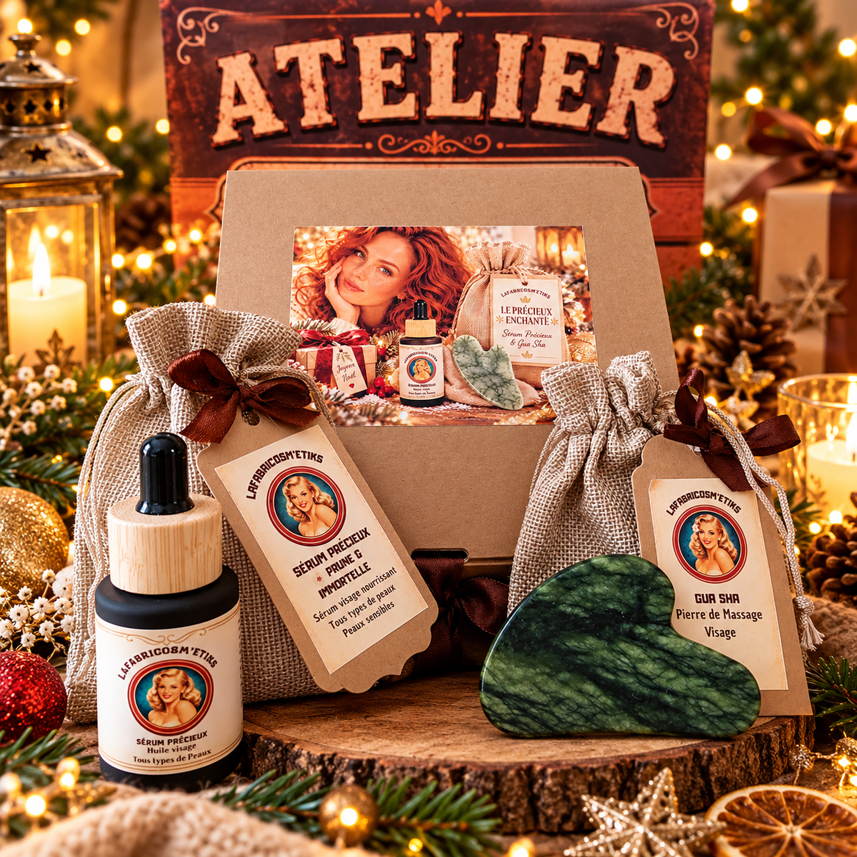 Coffret Le Précieux Enchanté LaFabricosm’etiks avec Sérum Précieux à la prune et Gua Sha en pierre verte, dans un décor de Noël chaleureux.