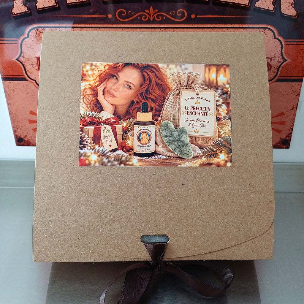 Coffret cadeau Le Précieux Enchanté fermé de LaFabricosm’etiks, présenté dans son emballage kraft avec étiquette décorative.