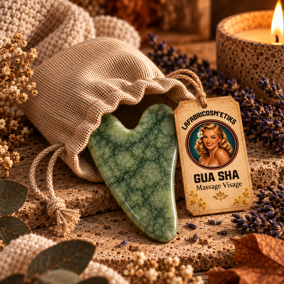 Gua Sha en pierre verte naturelle à moitié sorti de son pochon en tissu LAFABRICOSM'ETIKS