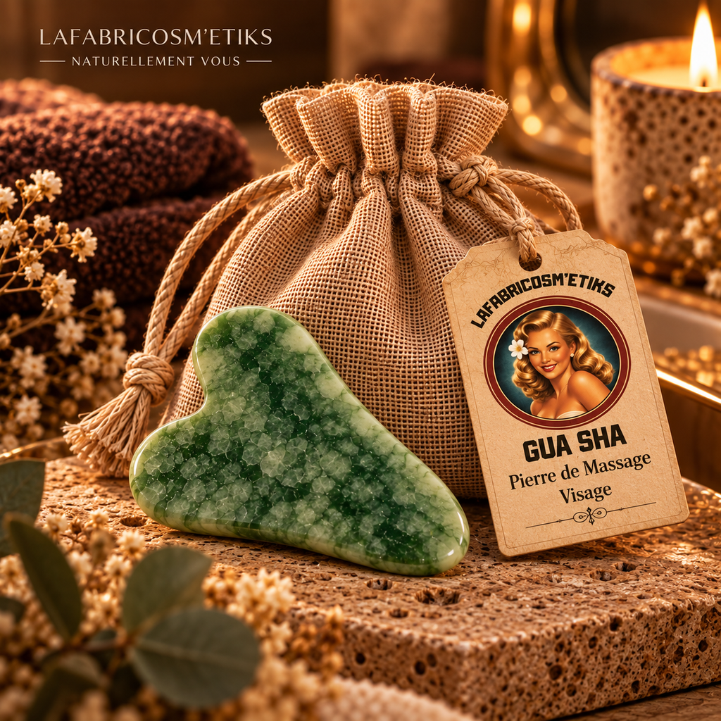 Gua Sha en pierre verte naturelle avec son pochon de rangement LAFABRICOSM'ETIKS
