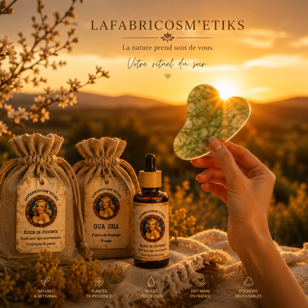 gua sha au soleil couchant avec sérum élixir de jouvence LAFABRICOSM4ETIKS 