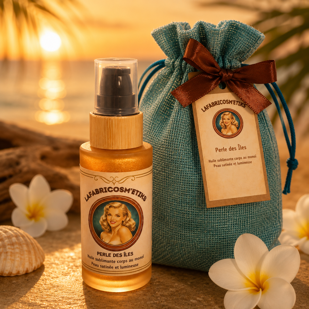 Perle des Îles, huile sèche naturelle au monoï de Tahiti avec son pochon en coton, LAFABRICOSM'ETIKS