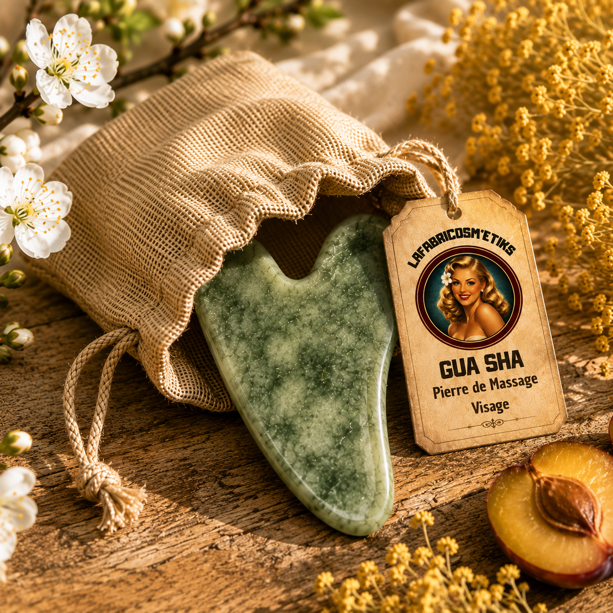 pochon avec gua sha en pierre naturelle LAFABRISCOSM4ETIKS 