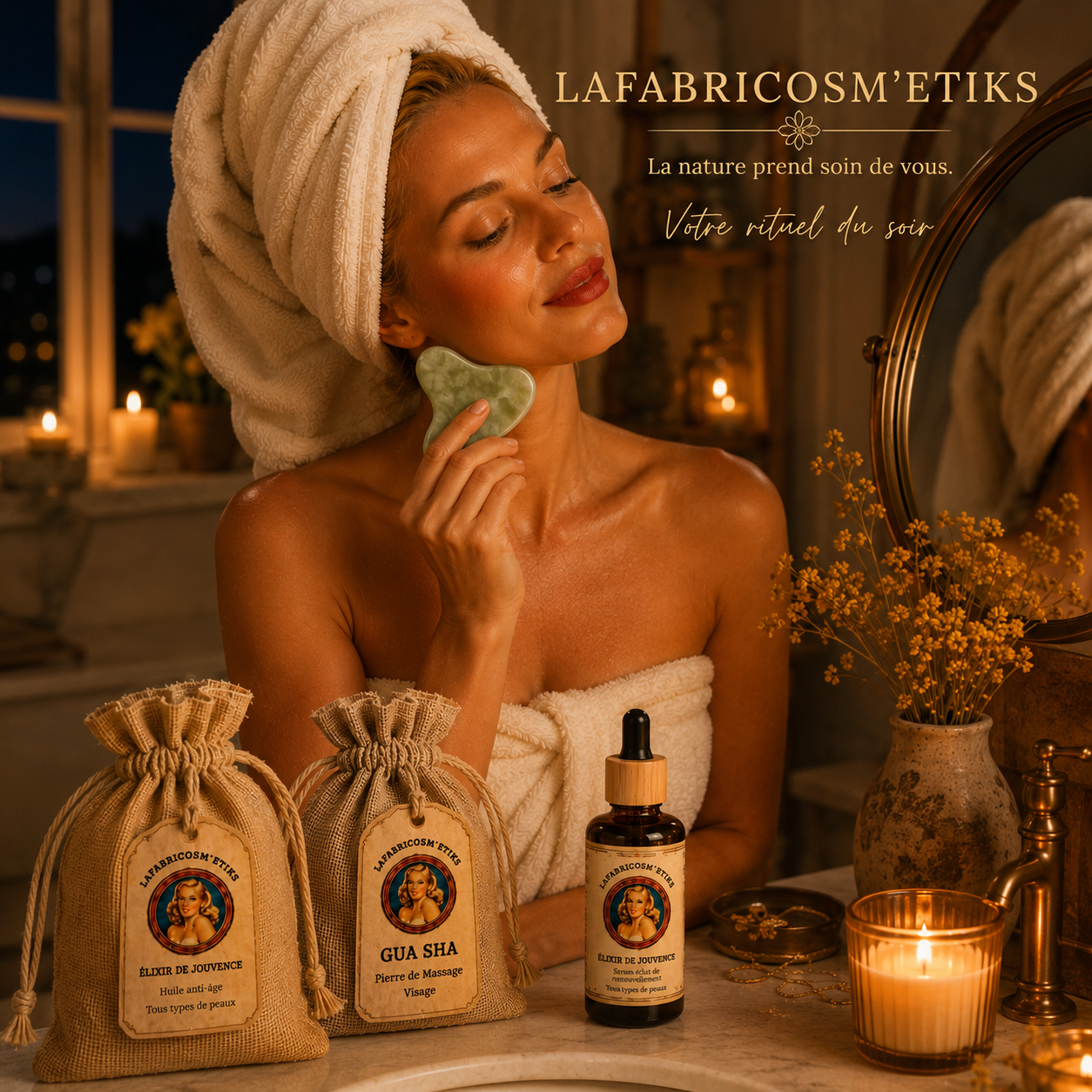 rituel du soir avec la pierre naturelle de gua sha et élixir de jouvence LAFABRICOSM'ETIKS