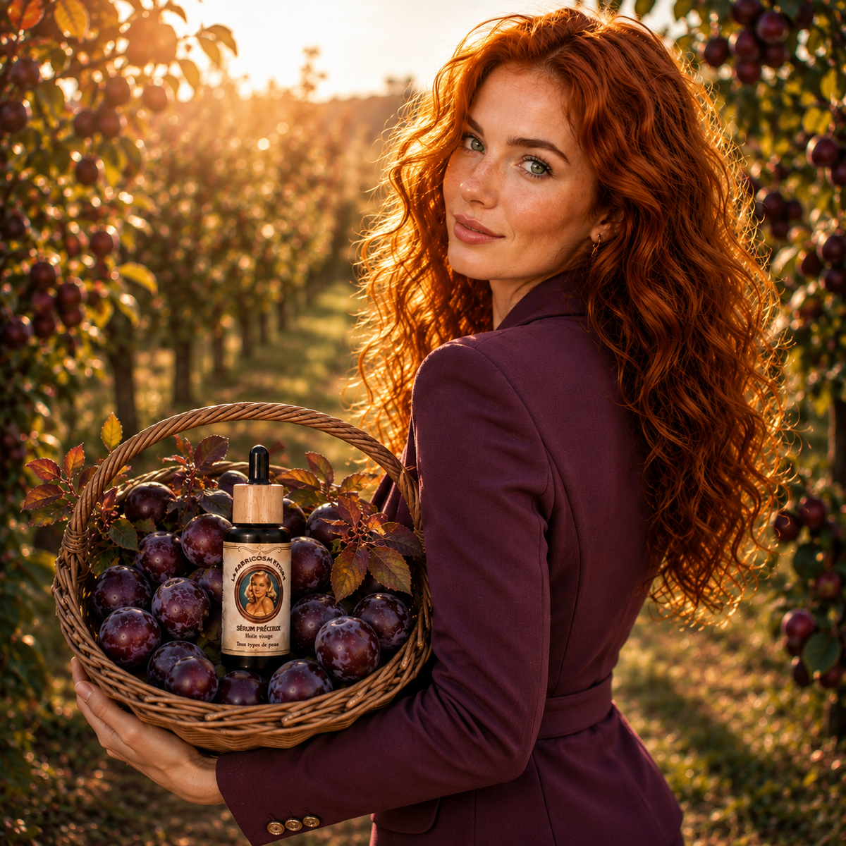 Sérum Précieux LAFABRICOSM’ETIKS présenté avec des prunes, soin visage naturel à l’immortelle fabriqué artisanalement en Provence