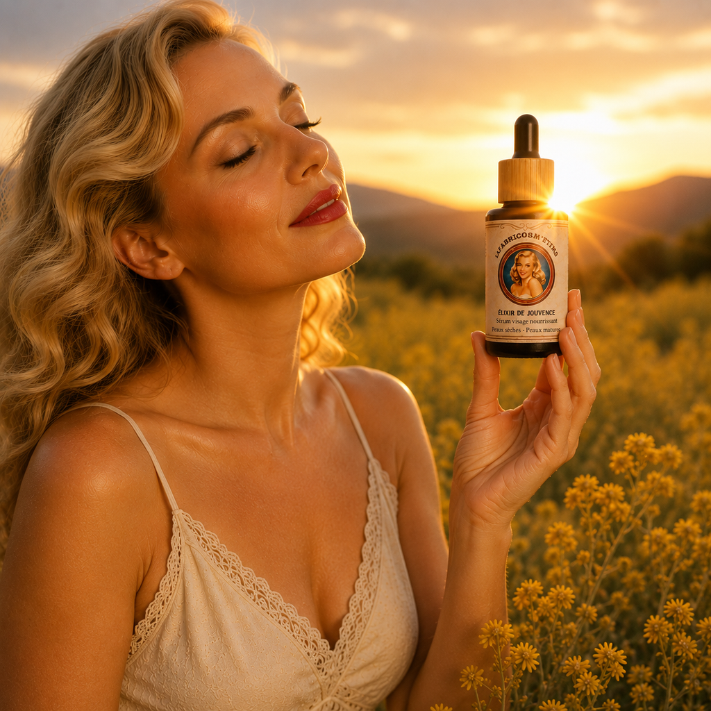 Égérie tenant le flacon du sérum visage anti-âge à l'immortelle Élixir de Jouvence LAFABRICOSME'TIKS illuminé par les rayons du soleil.