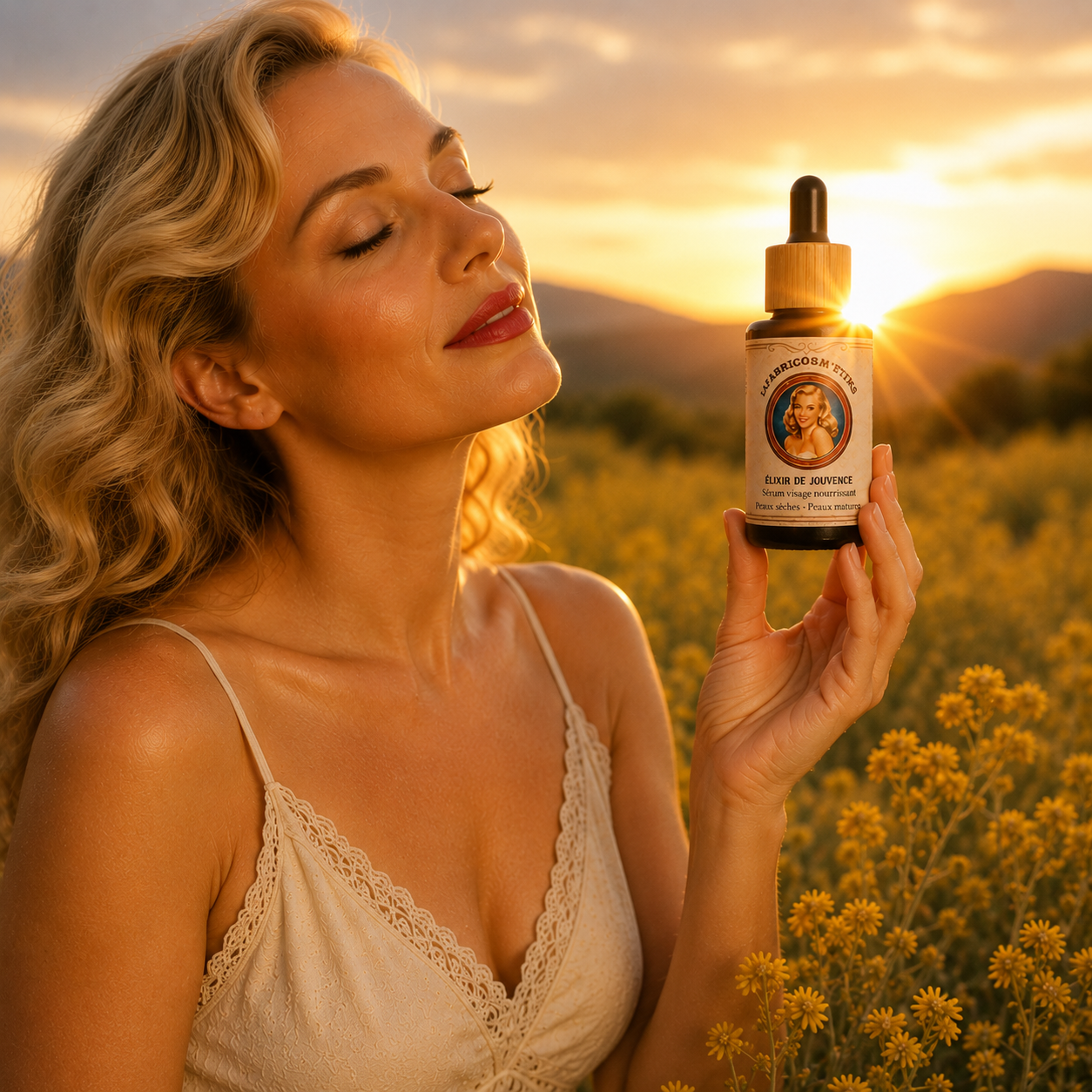 Égérie tenant le flacon du sérum visage anti-âge à l'immortelle Élixir de Jouvence LAFABRICOSME'TIKS illuminé par les rayons du soleil.