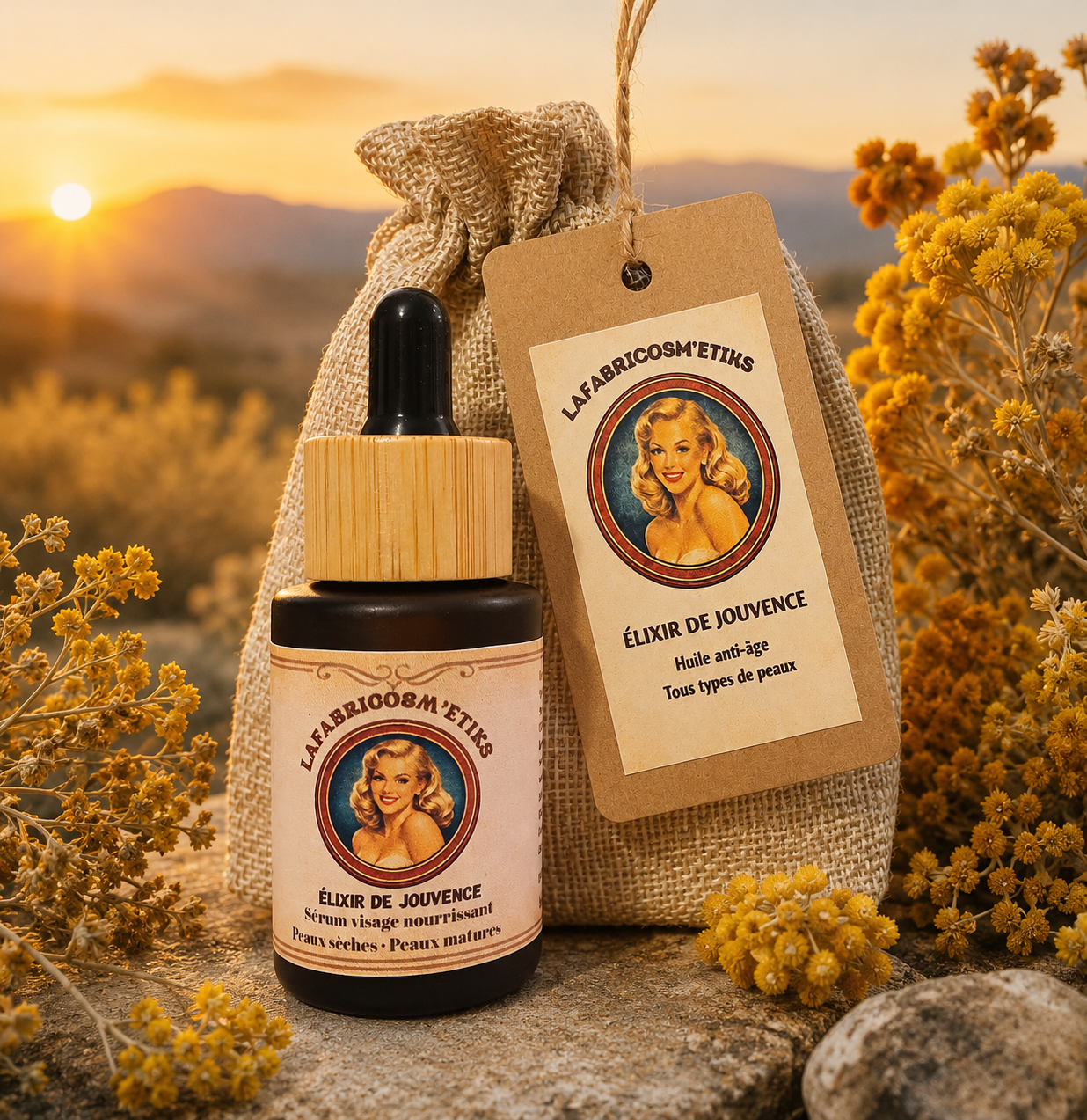 Sérum visage naturel anti-âge à l'immortelle Élixir de Jouvence avec son pochon cadeau LAFABRICOSME'TIKS
