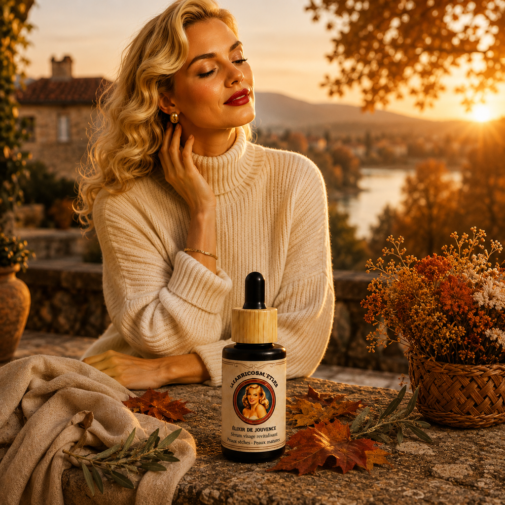 Sérum visage à l'immortelle pour peaux sèches et matures, Élixir de Jouvence LAFABRICOSM'ETIKS, dans un décor d'automne en Provence.