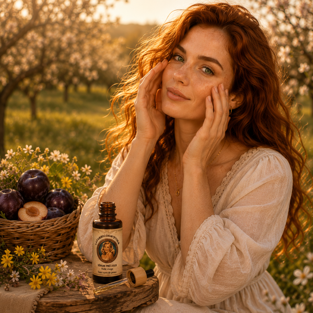 Application du Sérum Précieux, sérum visage naturel à l'huile de prune LAFABRICOSM'ETIKS, sur le visage.