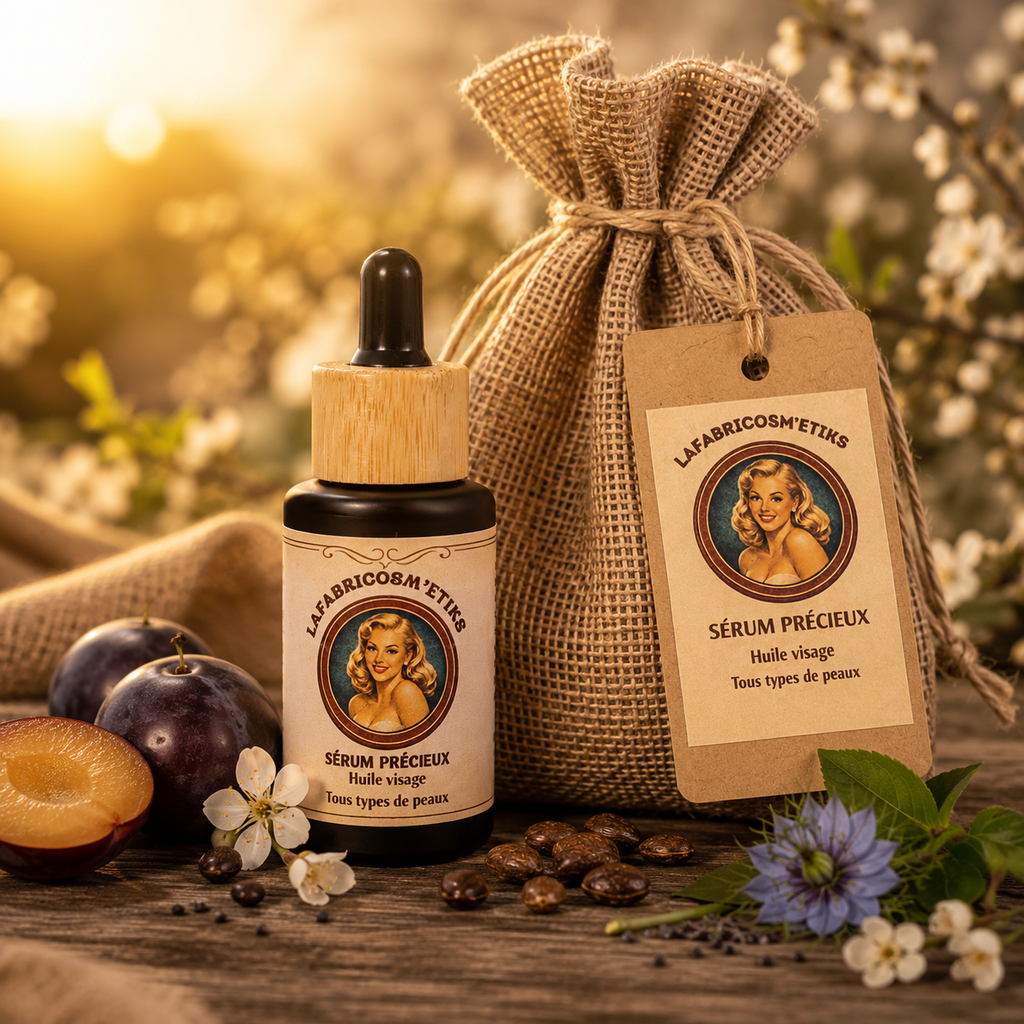 Sérum Précieux, sérum visage naturel à l'huile de prune LAFABRICOSME'TIKS, présenté avec son pochon cadeau.