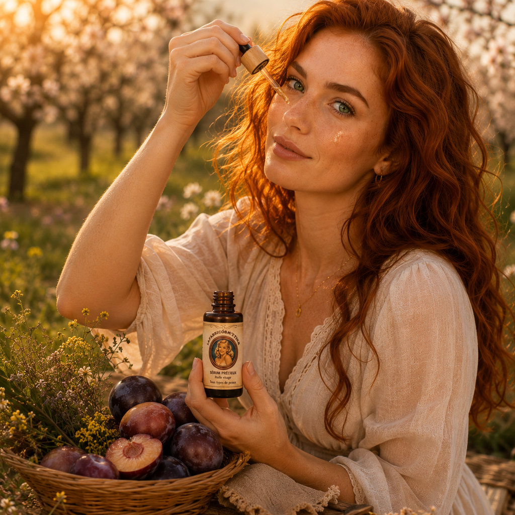 Application du Sérum Précieux, sérum visage naturel à l'huile de prune LAFABRICOSM'ETIKS, à l'aide d'une pipette avec quelques gouttes sur le visage.