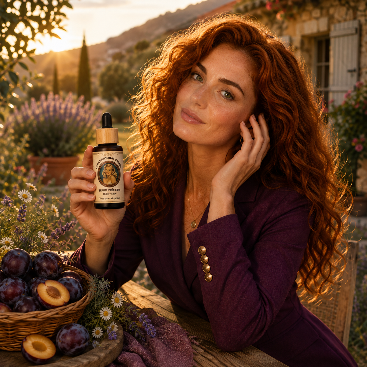 Femme présentant le Sérum Précieux LAFABRICOSM’ETIKS, soin visage naturel à la prune et à l’immortelle, fabriqué en Provence