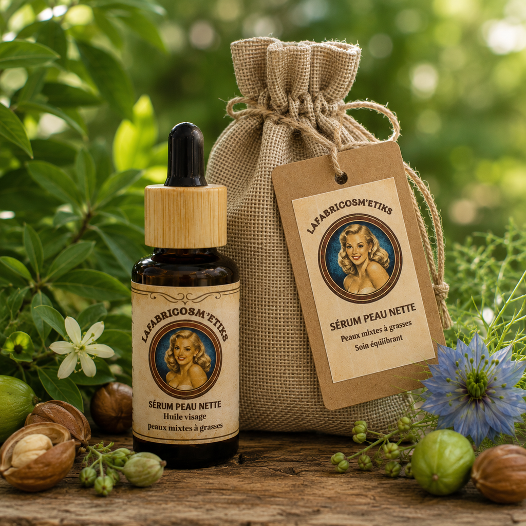 Sérum visage naturel Peau Nette LAFABRICOSM'ETIKS présenté avec son pochon cadeau.