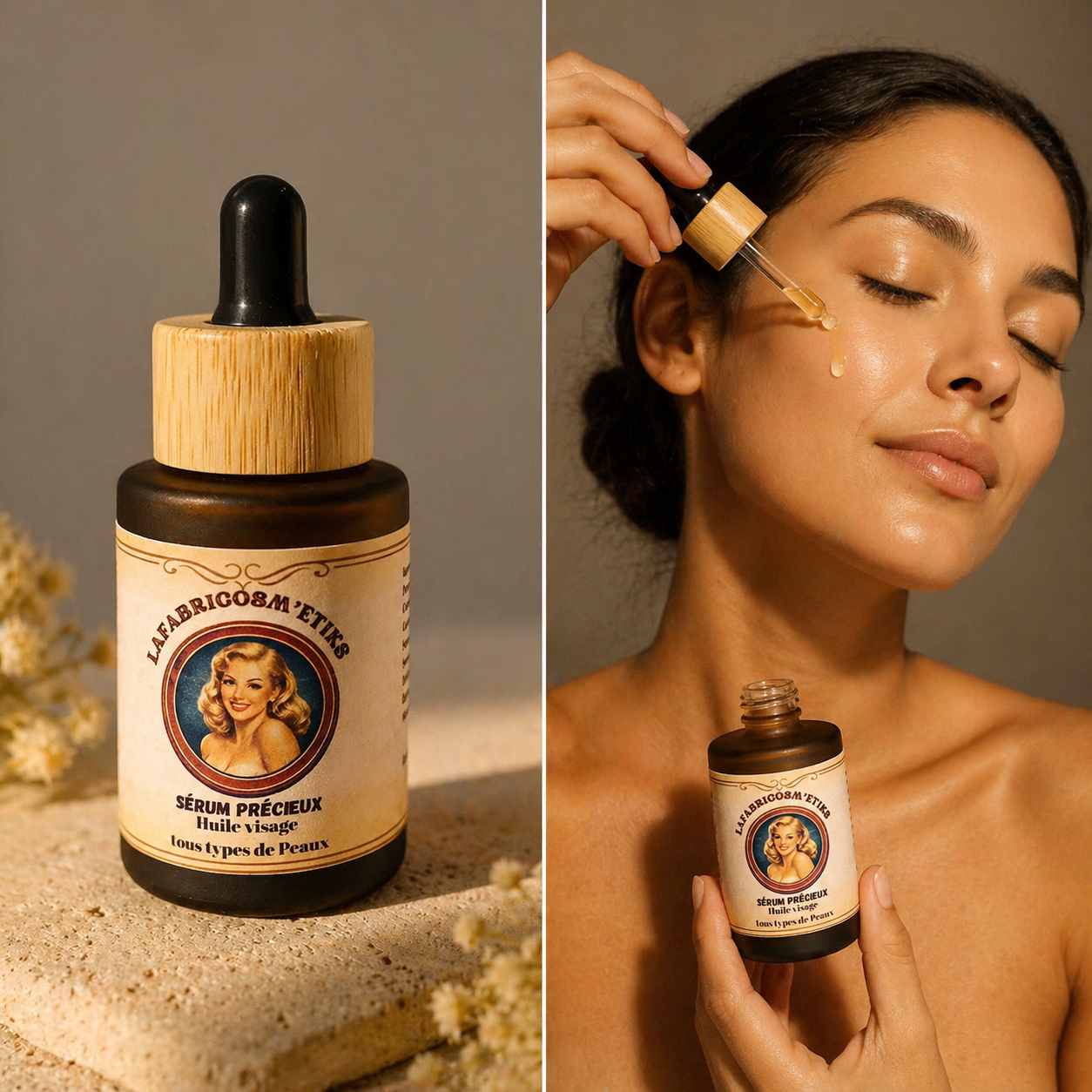 Sérum Précieux Huile Visage LAFABRICOSM'ETIKS - application sur le visage, tous types de peaux"